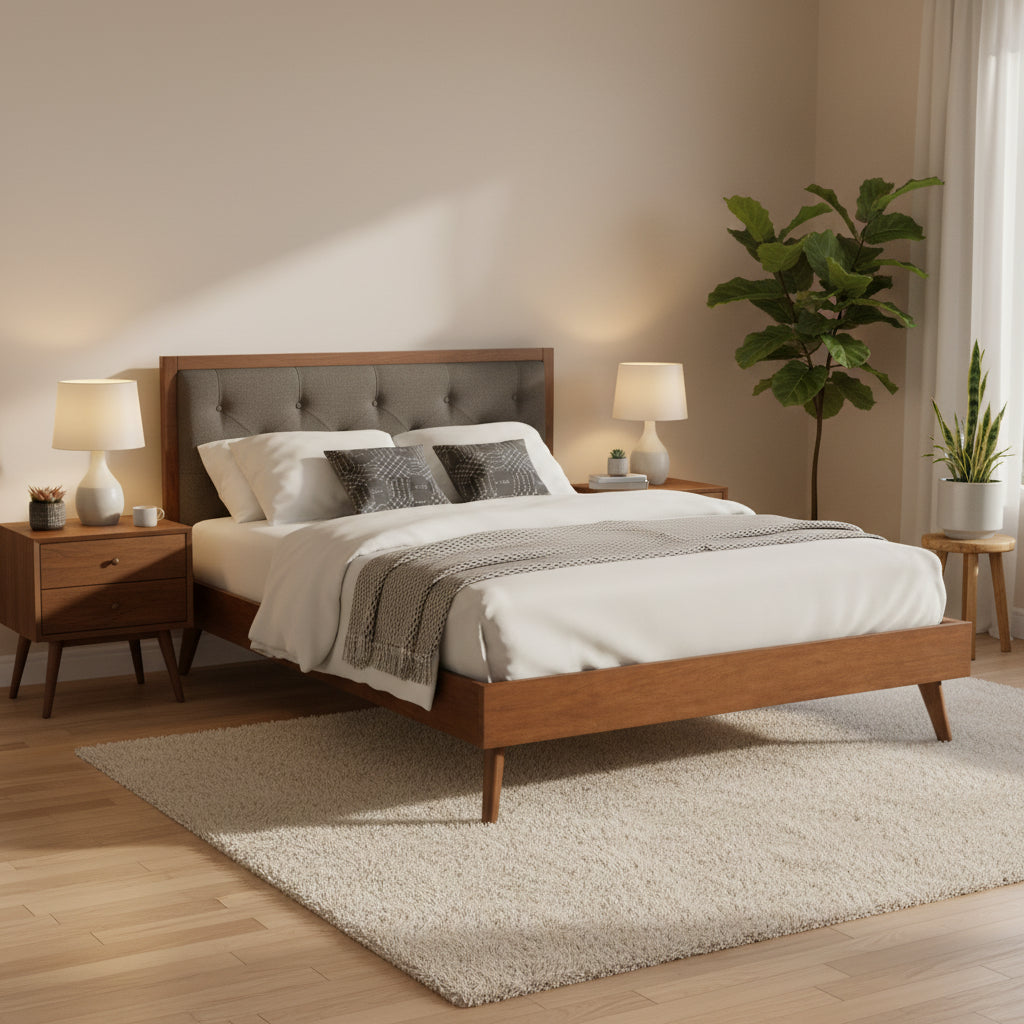62.75  brown and gray queen size bed frame with upholstered headboard