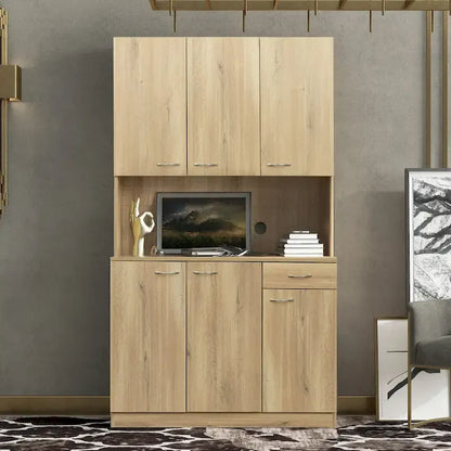 Rustic Farmhouse Tall Wardrobe, Armoire with Shelves, Open Compartment and Drawer, Freestanding Storage Closet Wardrobe Cabinet