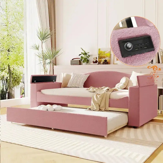 Twin Size UTeddy Fleece Daybed with Storage Armrests andTrundle