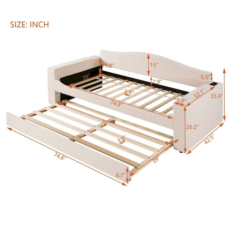 Twin Size UTeddy Fleece Daybed with Storage Armrests andTrundle