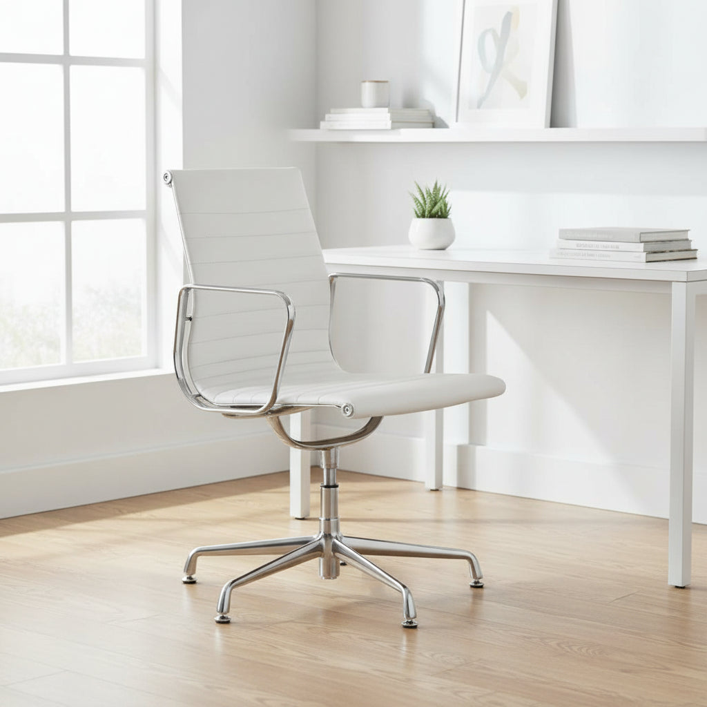 White Genuine Leather Ribbed Mid Back Conference Office Side Chair