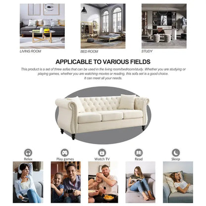Beige Velvet Chesterfield 3 Seater Sofa, Rolled Arms, Nailhead Trim