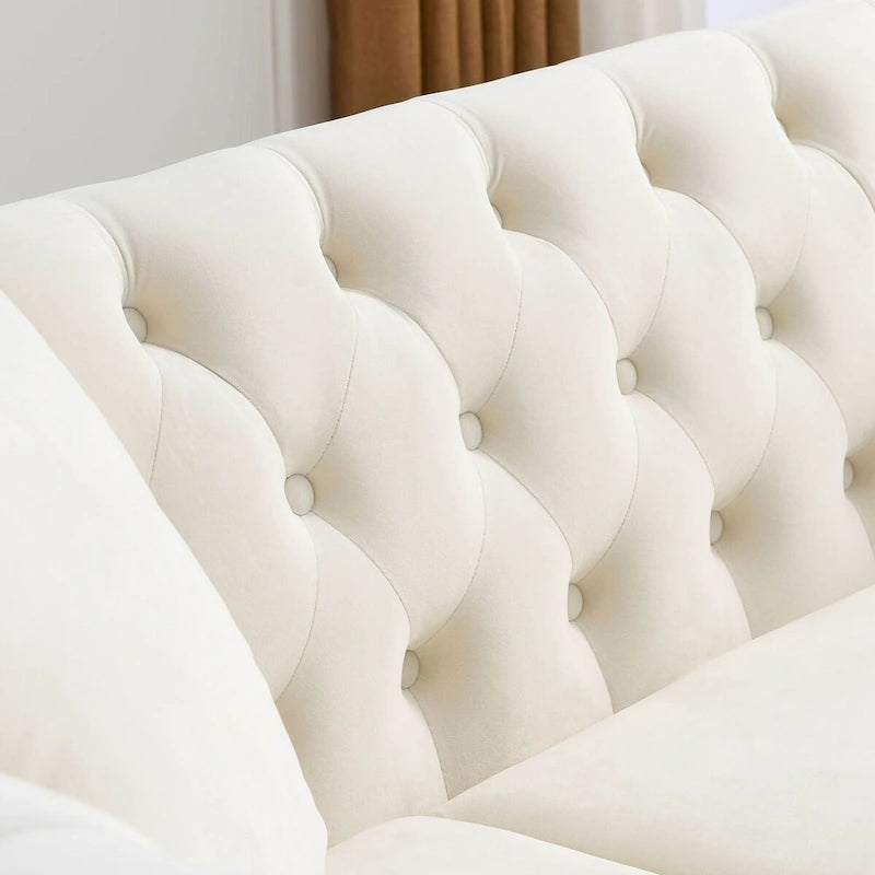 Beige Velvet Chesterfield 3 Seater Sofa, Rolled Arms, Nailhead Trim