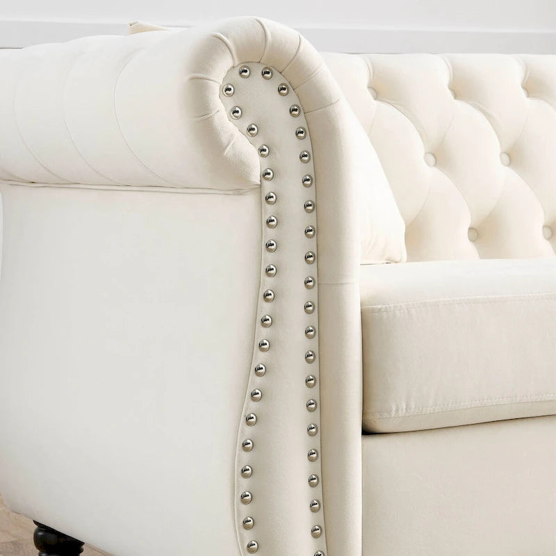 Beige Velvet Chesterfield 3 Seater Sofa, Rolled Arms, Nailhead Trim