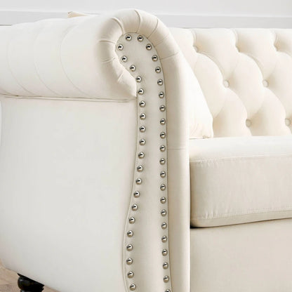 Beige Velvet Chesterfield 3 Seater Sofa, Rolled Arms, Nailhead Trim