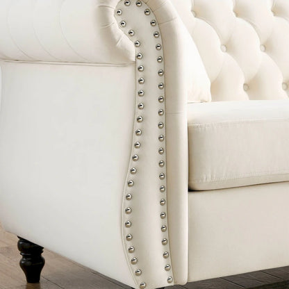 Beige Velvet Chesterfield 3 Seater Sofa, Rolled Arms, Nailhead Trim