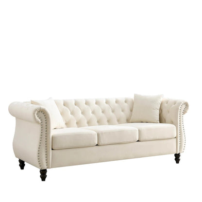 Beige Velvet Chesterfield 3 Seater Sofa, Rolled Arms, Nailhead Trim