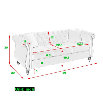 Beige Velvet Chesterfield 3 Seater Sofa, Rolled Arms, Nailhead Trim