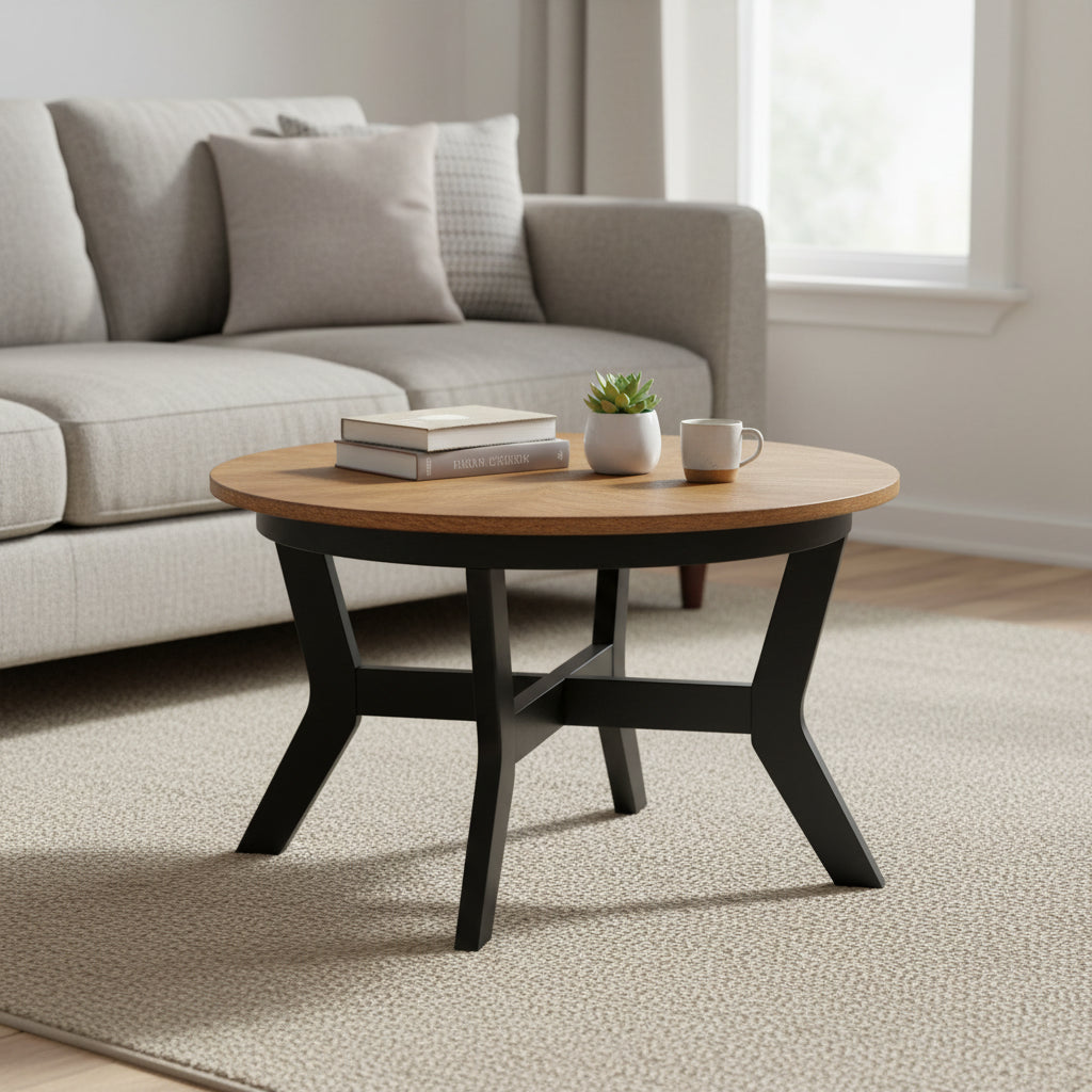 Mid Century Farmhouse 32inch Wood Round Coffee Table for Living Room