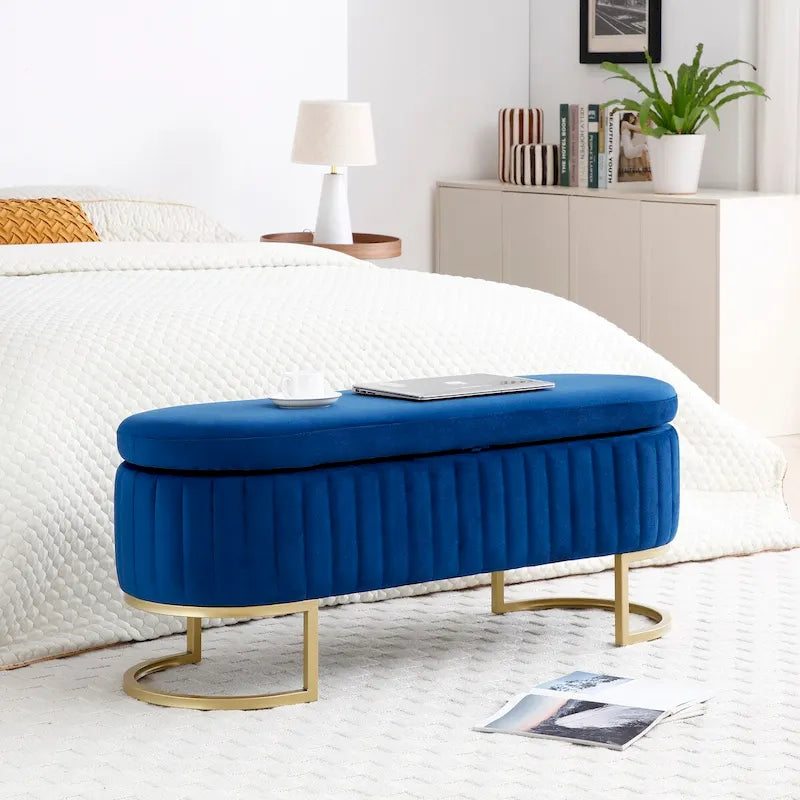 Storage Bench Bedroom Bench, Velvet Oval Upholstered End of Bed Bench with Golden Metal Legs, 50  Storage Ottoman Bench