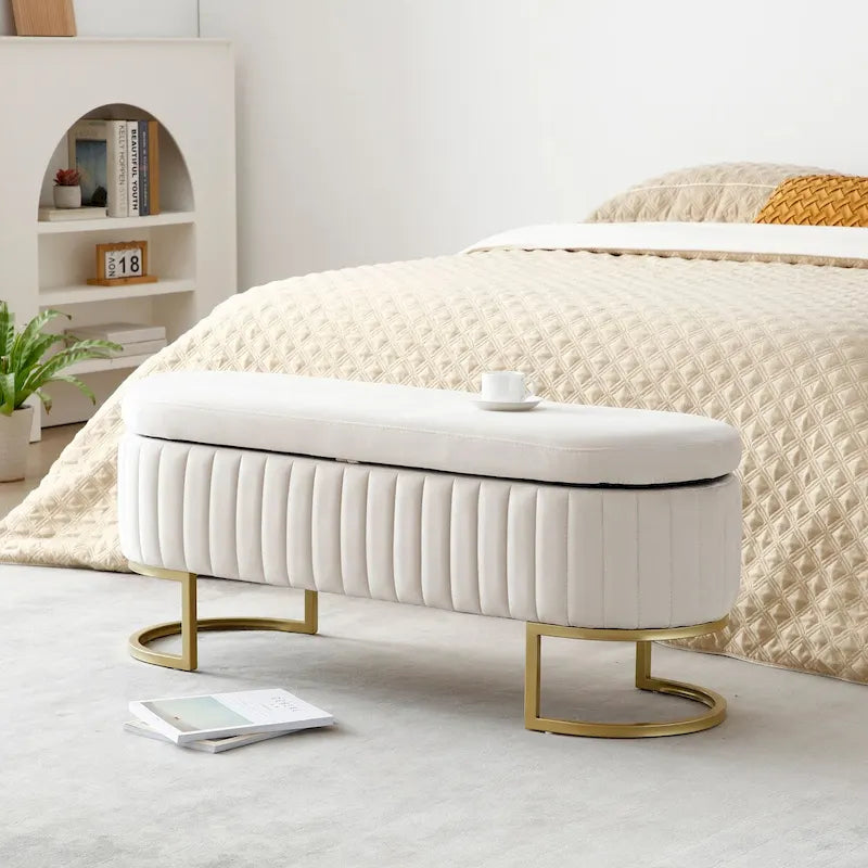 Storage Bench Bedroom Bench, Velvet Oval Upholstered End of Bed Bench with Golden Metal Legs, 50  Storage Ottoman Bench