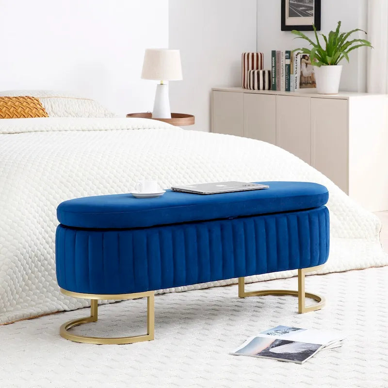 Storage Bench Bedroom Bench, Velvet Oval Upholstered End of Bed Bench with Golden Metal Legs, 50  Storage Ottoman Bench
