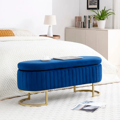 Storage Bench Bedroom Bench, Velvet Oval Upholstered End of Bed Bench with Golden Metal Legs, 50  Storage Ottoman Bench