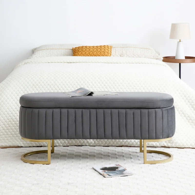 Storage Bench Bedroom Bench, Velvet Oval Upholstered End of Bed Bench with Golden Metal Legs, 50  Storage Ottoman Bench
