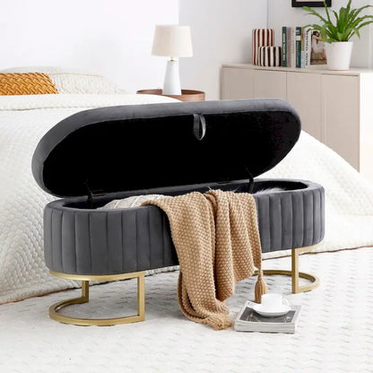 Storage Bench Bedroom Bench, Velvet Oval Upholstered End of Bed Bench with Golden Metal Legs, 50  Storage Ottoman Bench