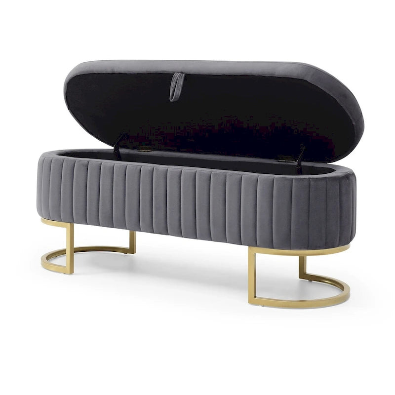 Storage Bench Bedroom Bench, Velvet Oval Upholstered End of Bed Bench with Golden Metal Legs, 50  Storage Ottoman Bench