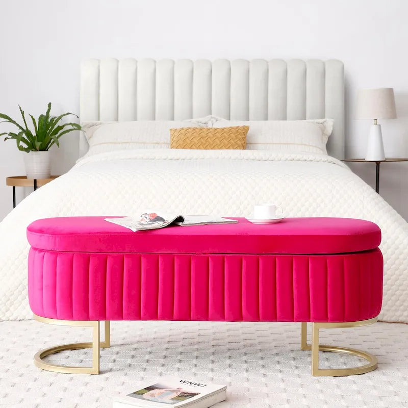 Storage Bench Bedroom Bench, Velvet Oval Upholstered End of Bed Bench with Golden Metal Legs, 50  Storage Ottoman Bench