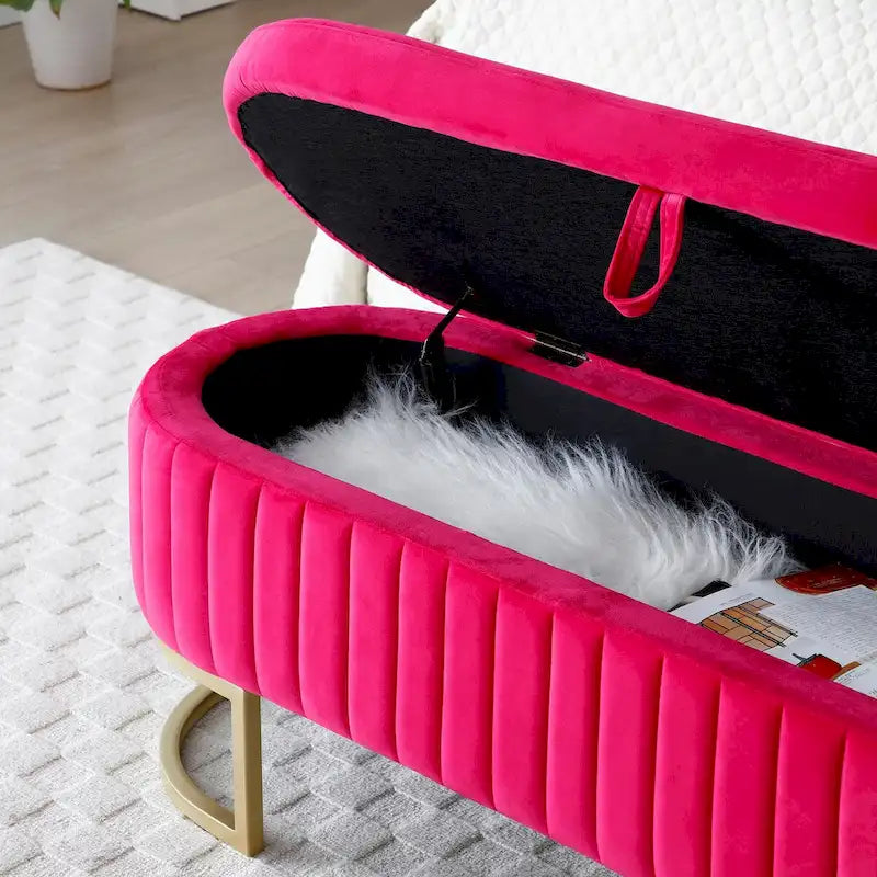 Storage Bench Bedroom Bench, Velvet Oval Upholstered End of Bed Bench with Golden Metal Legs, 50  Storage Ottoman Bench
