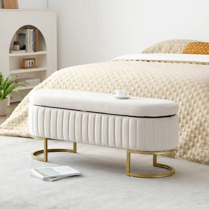 Storage Bench Bedroom Bench, Velvet Oval Upholstered End of Bed Bench with Golden Metal Legs, 50  Storage Ottoman Bench