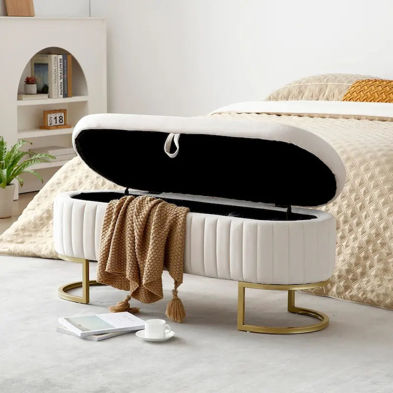 Storage Bench Bedroom Bench, Velvet Oval Upholstered End of Bed Bench with Golden Metal Legs, 50  Storage Ottoman Bench