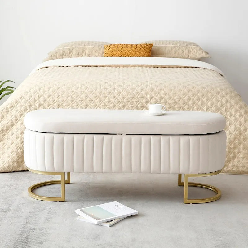 Storage Bench Bedroom Bench, Velvet Oval Upholstered End of Bed Bench with Golden Metal Legs, 50  Storage Ottoman Bench